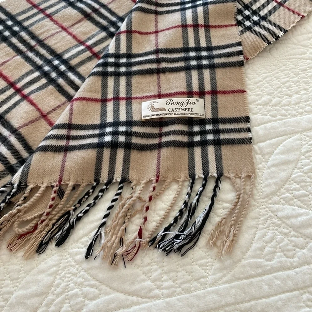 MONGOLIAN CASHMERE Plaid Scarf Brown Black Red‎ Tartan Rong Jia Shawl Wrap - Picture 2 of 3